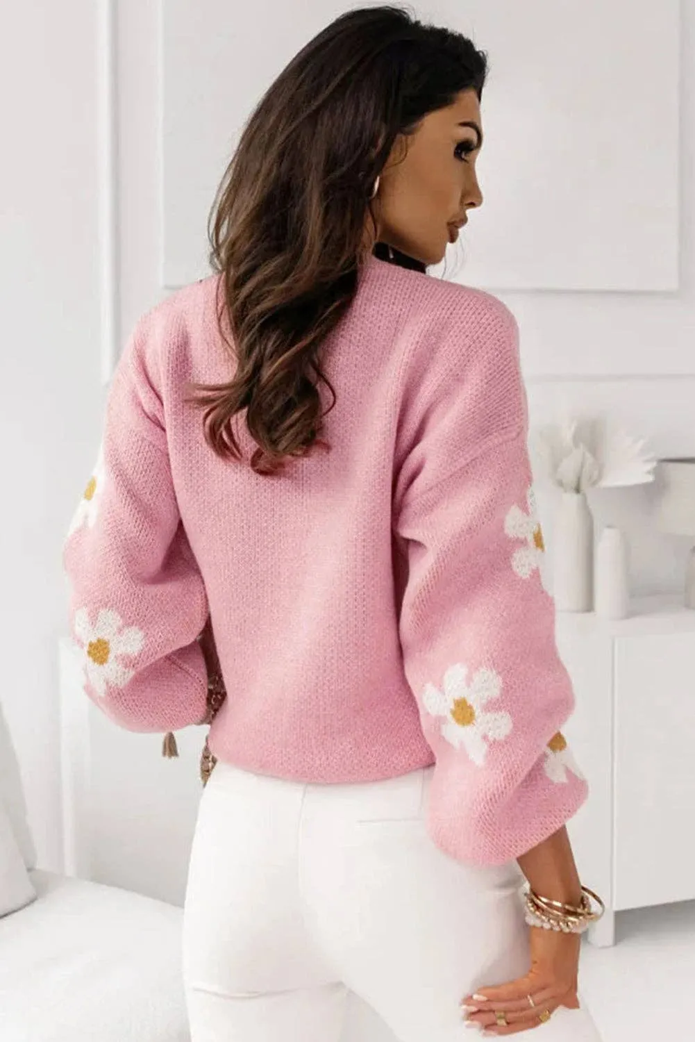 Pink Floral Pattern Drop Shoulder Sweater