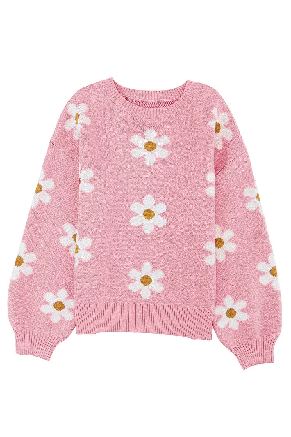 Pink Floral Pattern Drop Shoulder Sweater