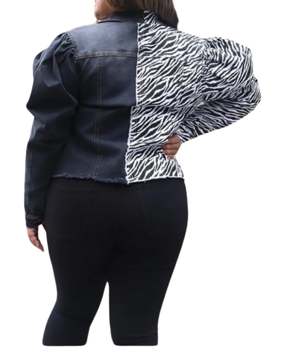 Puff sleeve two-tone denim jacket with zebra print