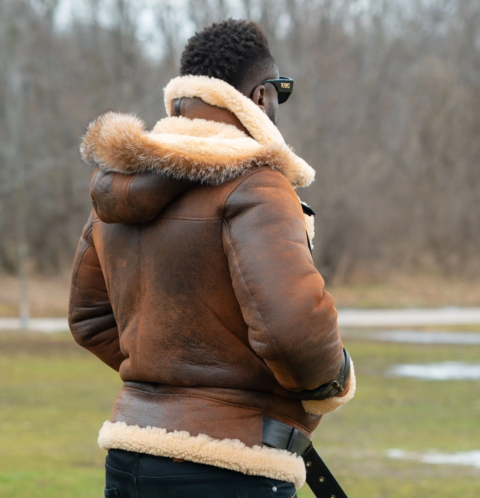 Rocco Vintage Distressed Brown Aviator bomber shearling jacket with hoodie