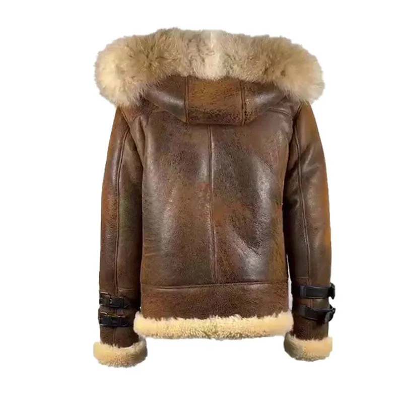 Rocco Vintage Distressed Brown Aviator bomber shearling jacket with hoodie