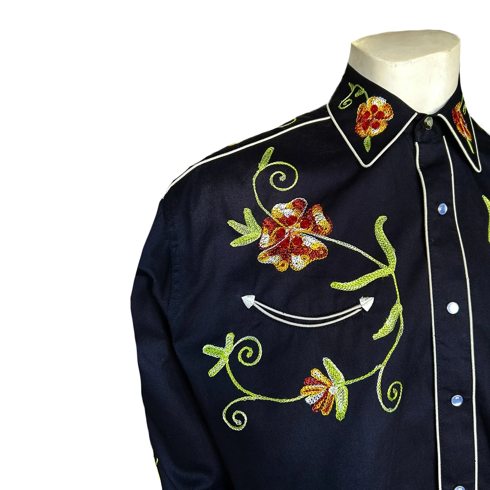 Rockmount Ranchwear Floral Embroidery Cotton Gabardine Black Western Shirt