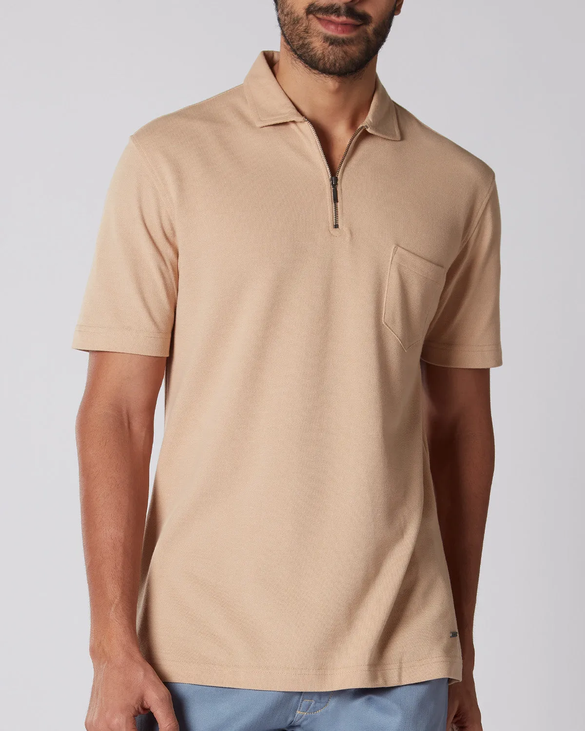 Signature Zipper Polo T-Shirt - Beige