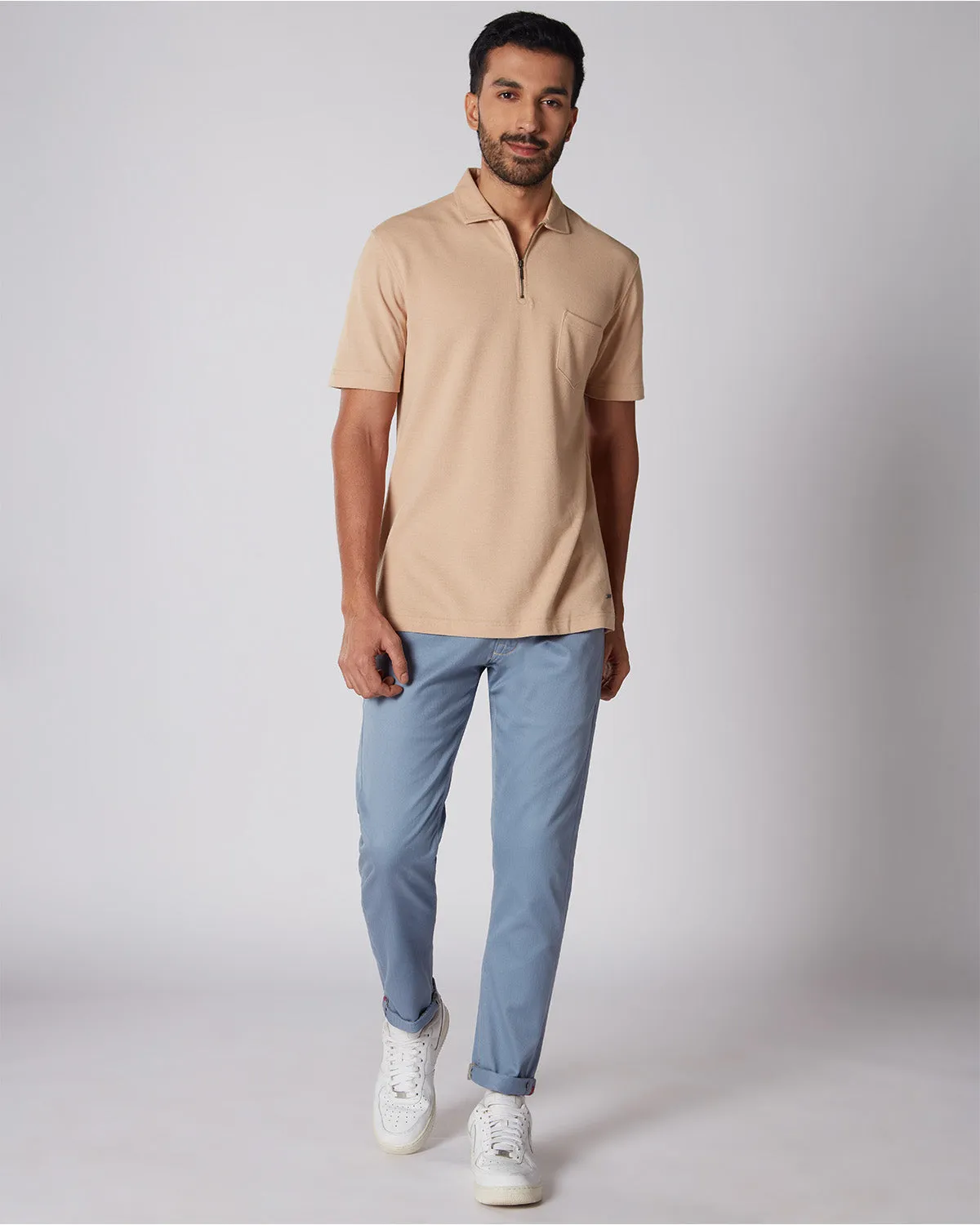 Signature Zipper Polo T-Shirt - Beige