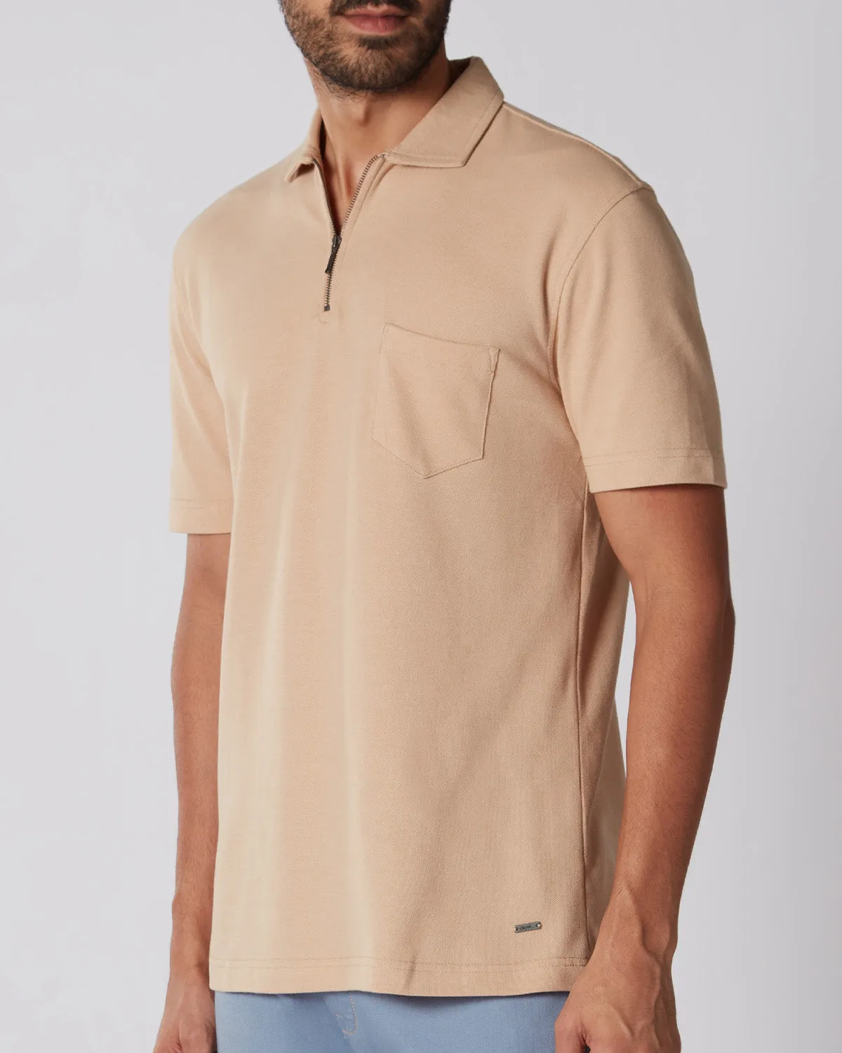 Signature Zipper Polo T-Shirt - Beige