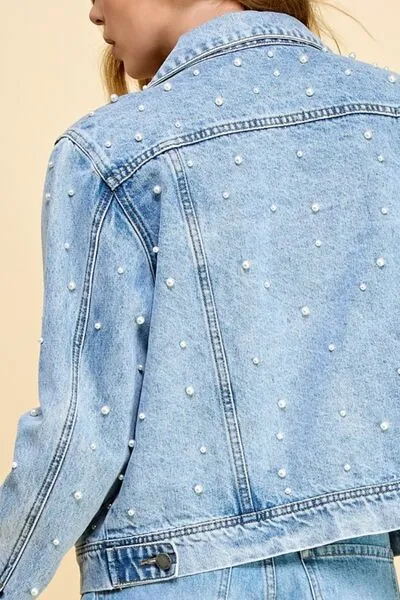 Veveret, Button Up Pearl Detail Long Sleeve Denim Jacket