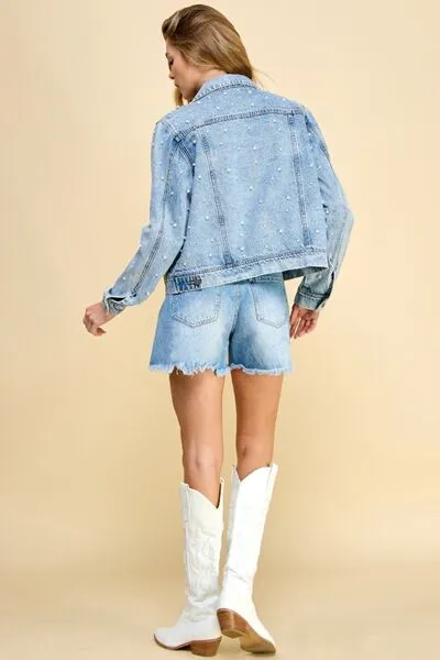 Veveret, Button Up Pearl Detail Long Sleeve Denim Jacket