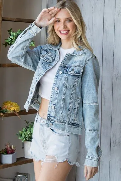 Veveret, Distressed Button Up Denim Jacket