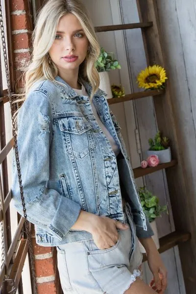 Veveret, Distressed Button Up Denim Jacket