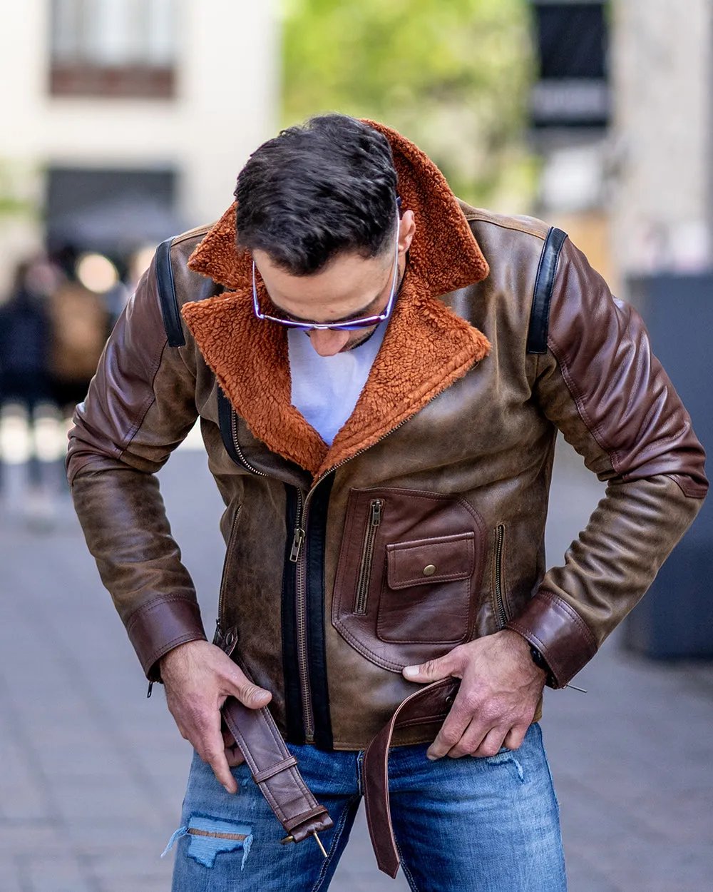 Vintage Brown Sherpa lined Leather jacket with D pocket