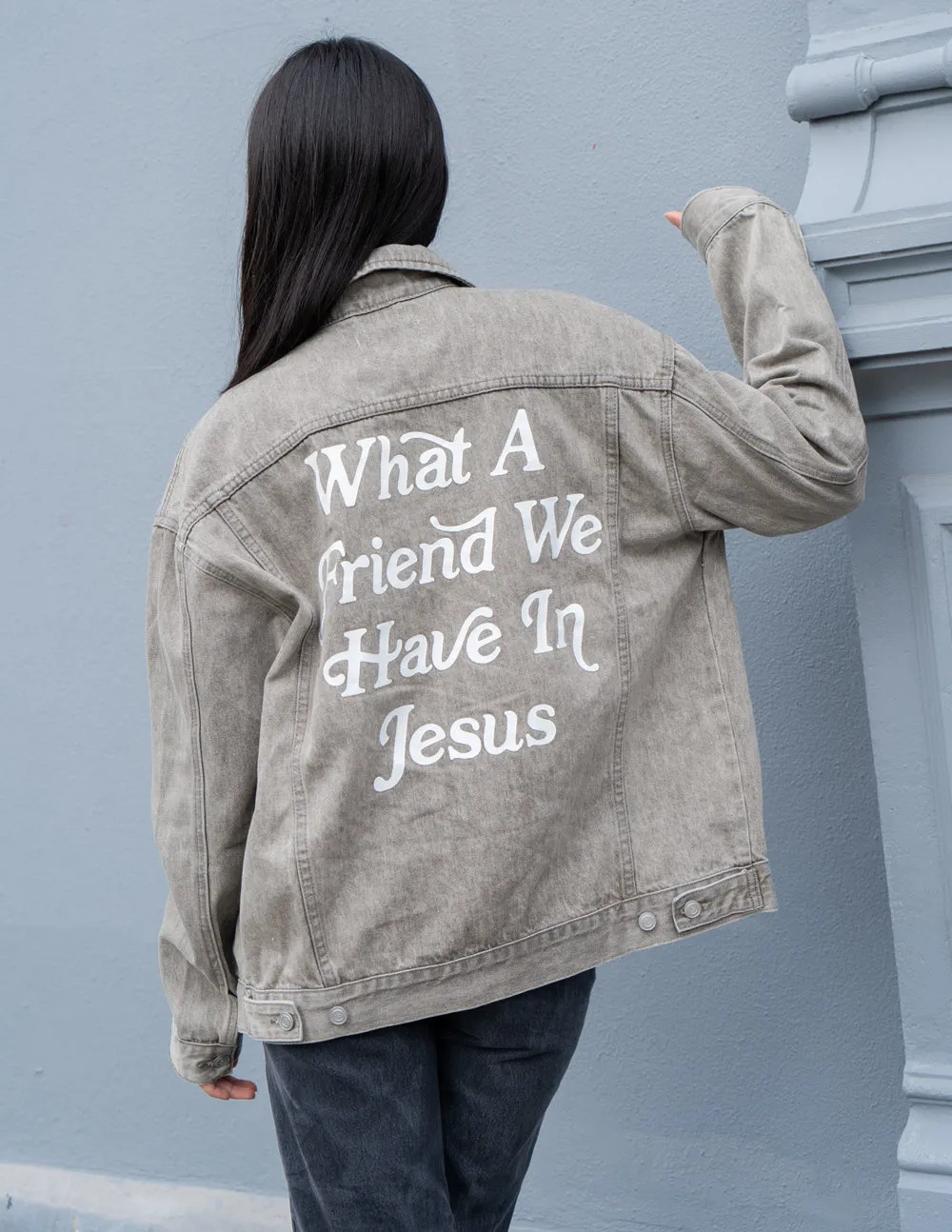 What a Friend in Jesus Grey Denim Jacket