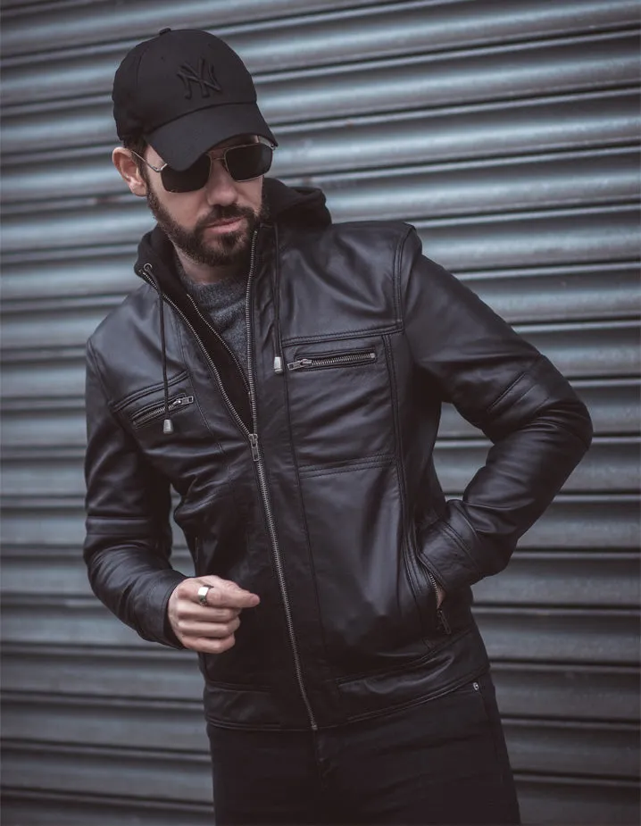 Wilder Black Leather Jacket With Removable Hoodie