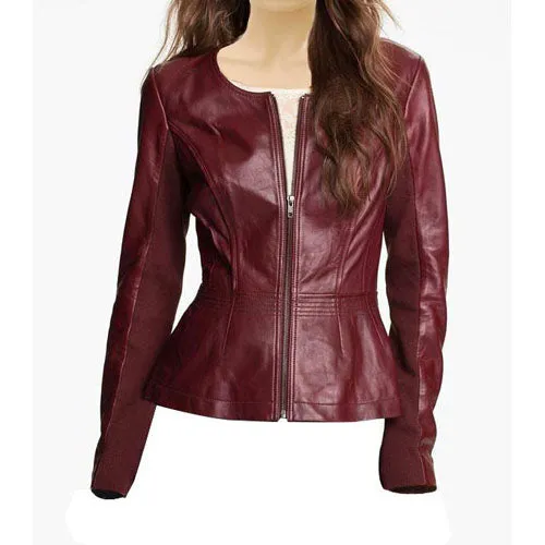 Women’s Maroon Collarless Leather Jacket