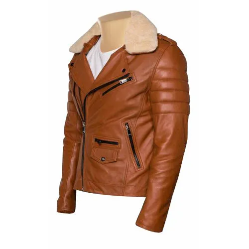 Woodwards English Tan Biker Jacket with Fur collar