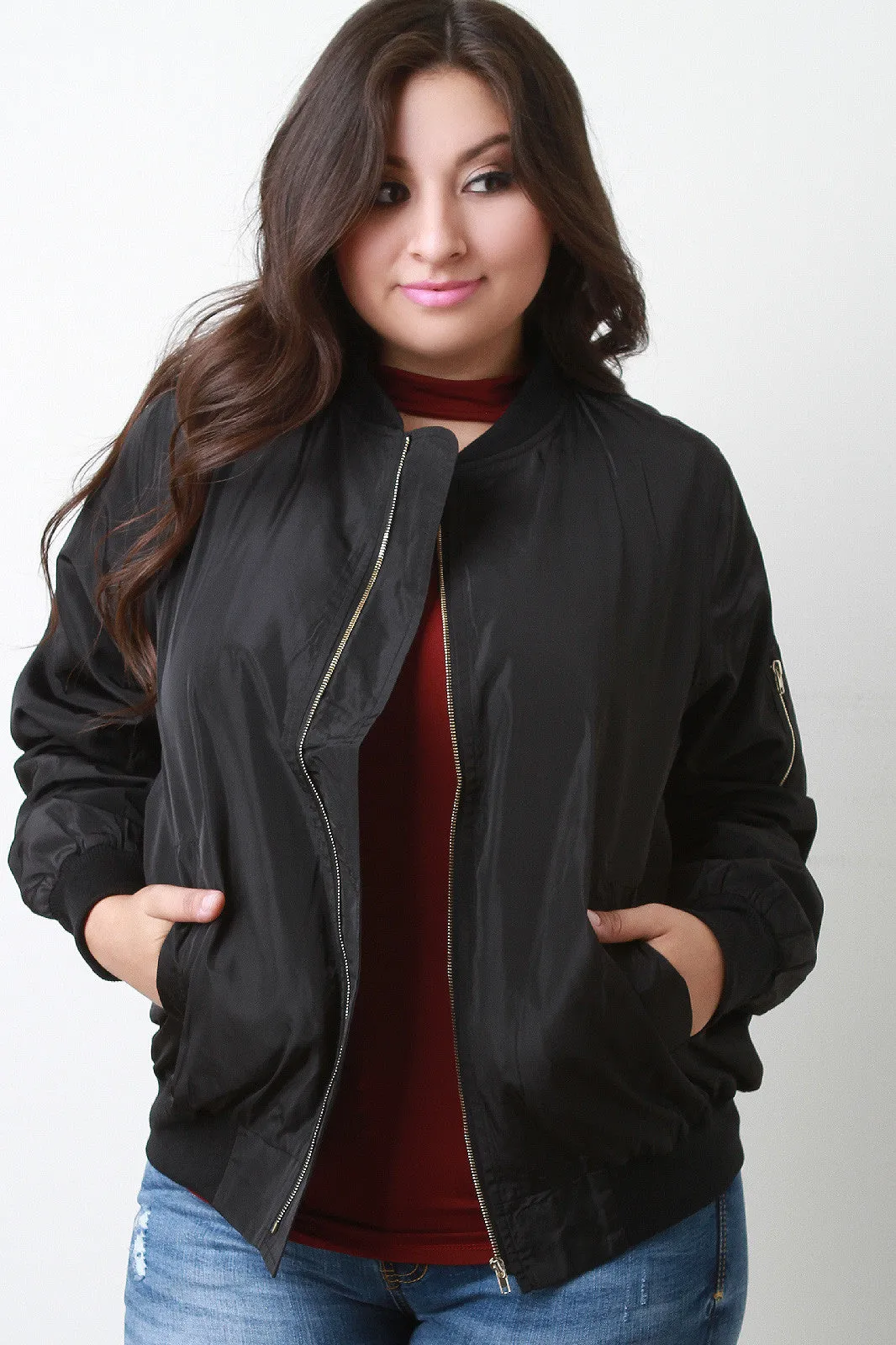 Zipper Pocket Sleeve Bomber Jacket