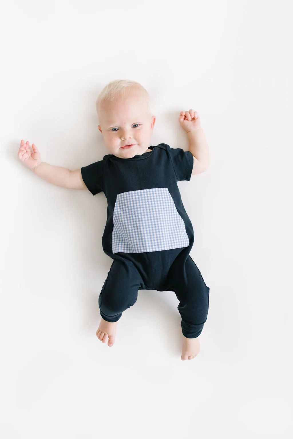 Zipper Romper in Cornflower Gingham